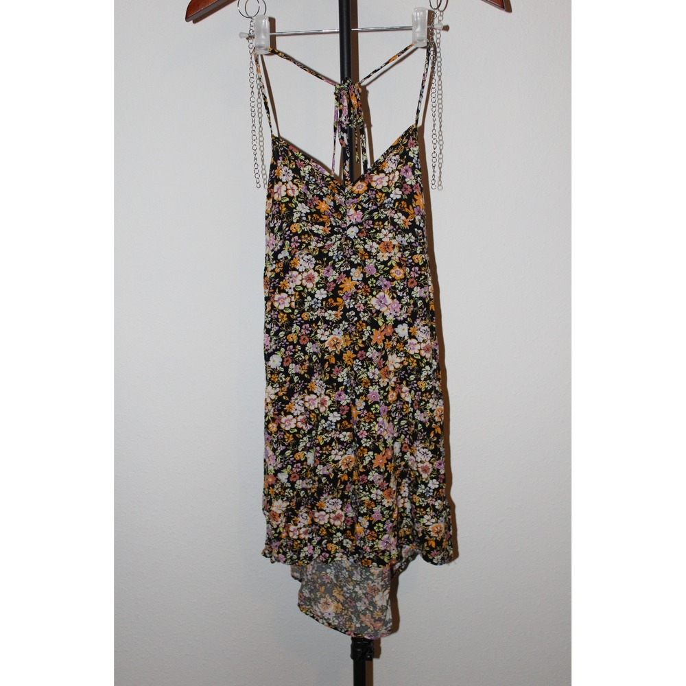Wild Fable Women's Floral Mini Dress Medium Black Orange V-Neck Open Back Rayon